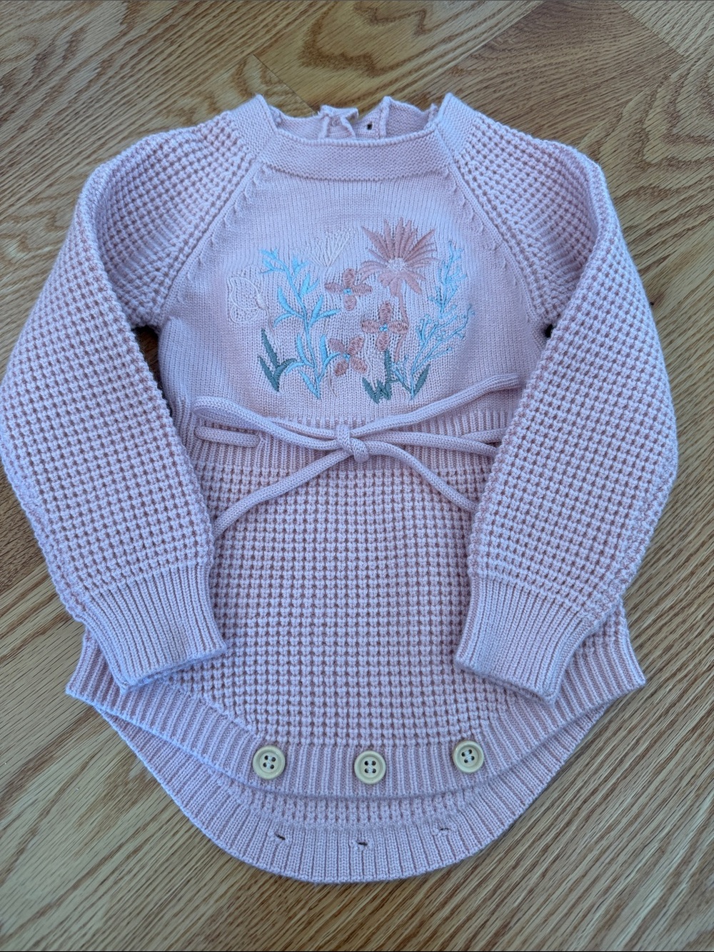 Girls Pink Floral Embroidered Knit Sweater